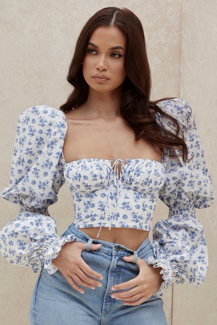 House of CB Millicent Blue Floral Corset Crop Top Puff Sleeve Small